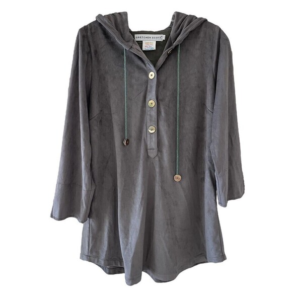 Gretchen Scott Gray Ultra Suede Pullover Jacket With Hood Gold Accents Sz M - Picture 1 of 5